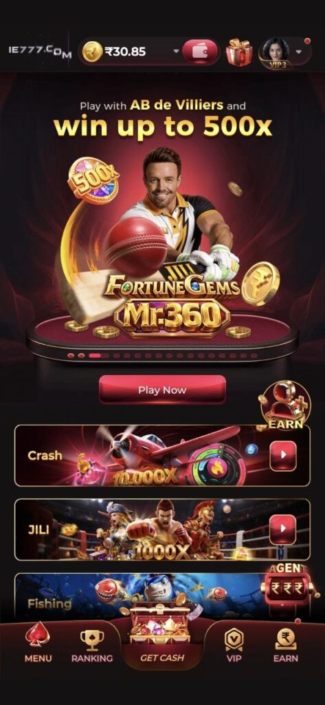 IE777 Game gameplay screen with online gaming features and mobile app interface
